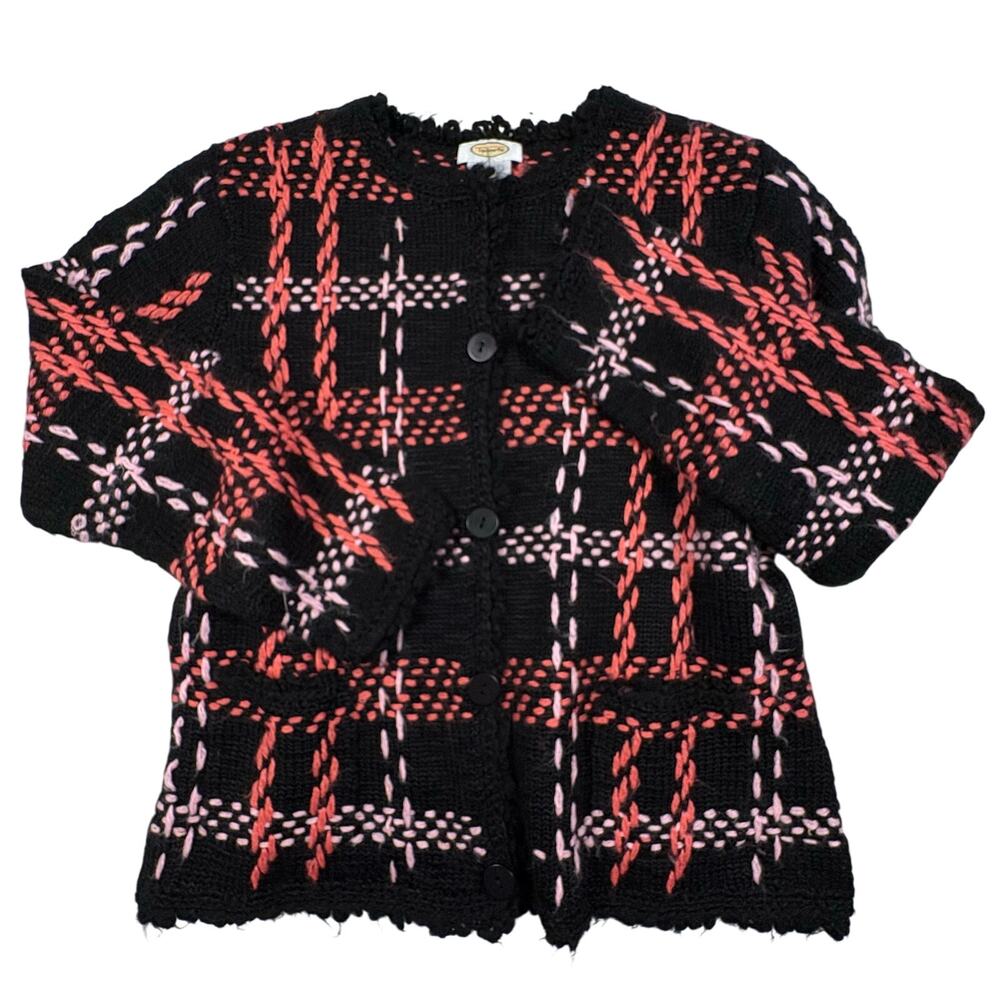 Vintage Talbots 90s Wool Blend Cardigan Sweater Women's XL Black Plaid Knit